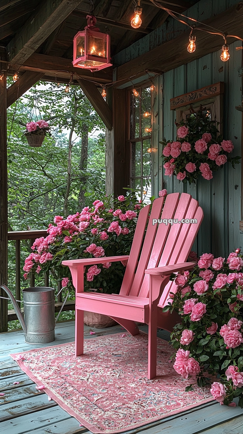 Cozy porch scene with a pink Adirondack chair surrounded by lush pink roses and string lights, set on a wooden floor with a patterned pink rug and a watering can nearby.