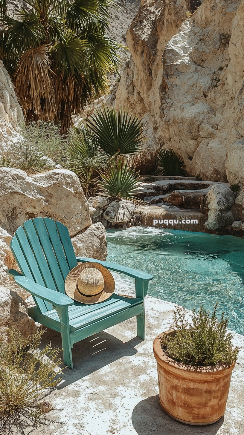 A turquoise Adirondack chair with a straw hat on the seat is placed beside a small natural pool surrounded by rocky cliffs and desert vegetation.