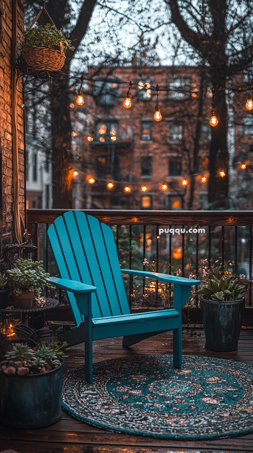 A cozy outdoor setting with a blue Adirondack chair on a decorated patio, surrounded by potted plants and illuminated by hanging string lights, with a brick building visible in the background.