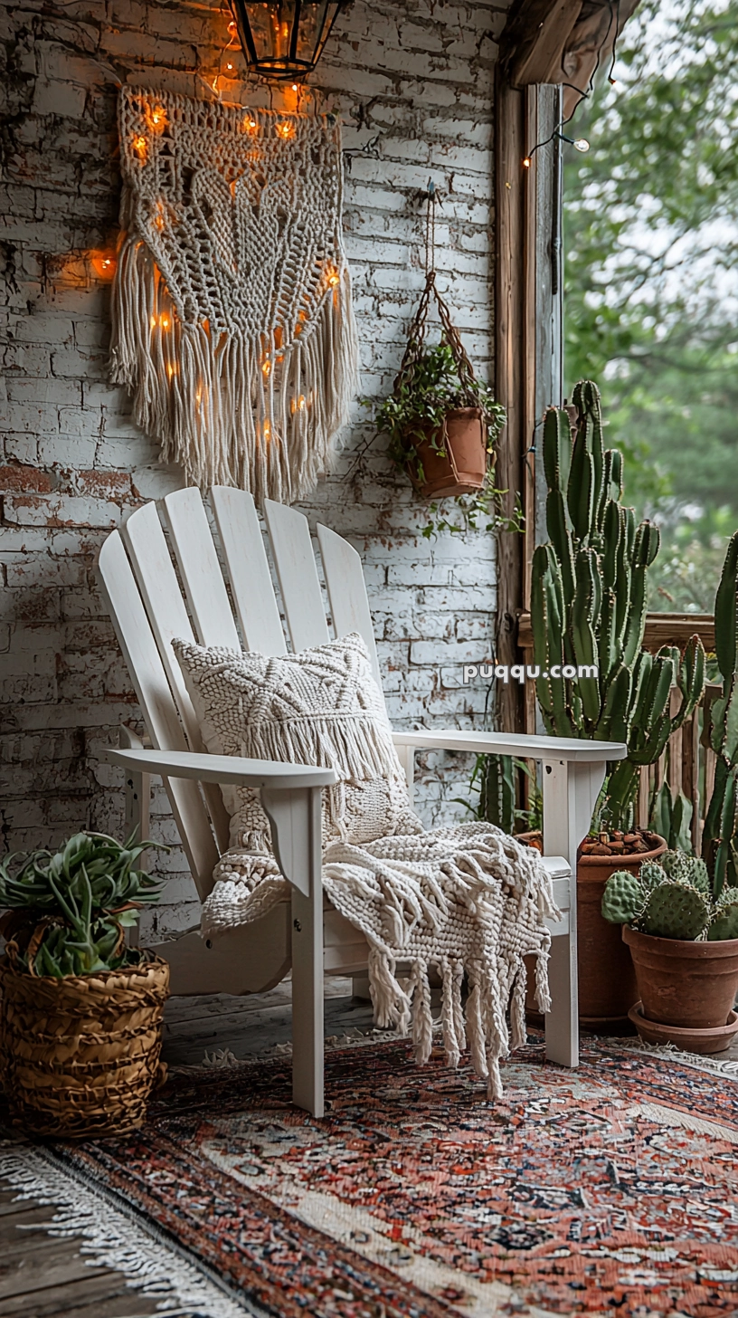 A cozy outdoor nook featuring a white Adirondack chair with a knitted cushion and throw, surrounded by potted plants including a large cactus. A macramΓ© wall hanging with string lights adorns the brick wall, and a patterned rug covers the wooden floor.
