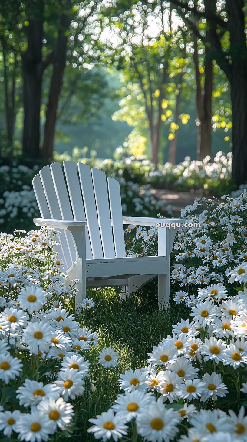 A white Adirondack chair is surrounded by a field of blooming daisies with trees and sunlight filtering in the background.