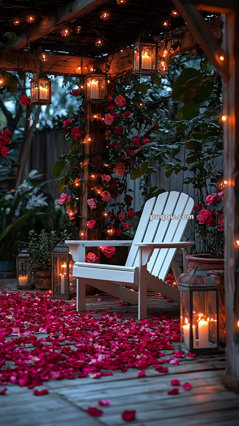 A cozy outdoor setting with a white Adirondack chair surrounded by red rose petals, illuminated by warm string lights and lanterns hanging from a wooden pergola covered in rose vines.