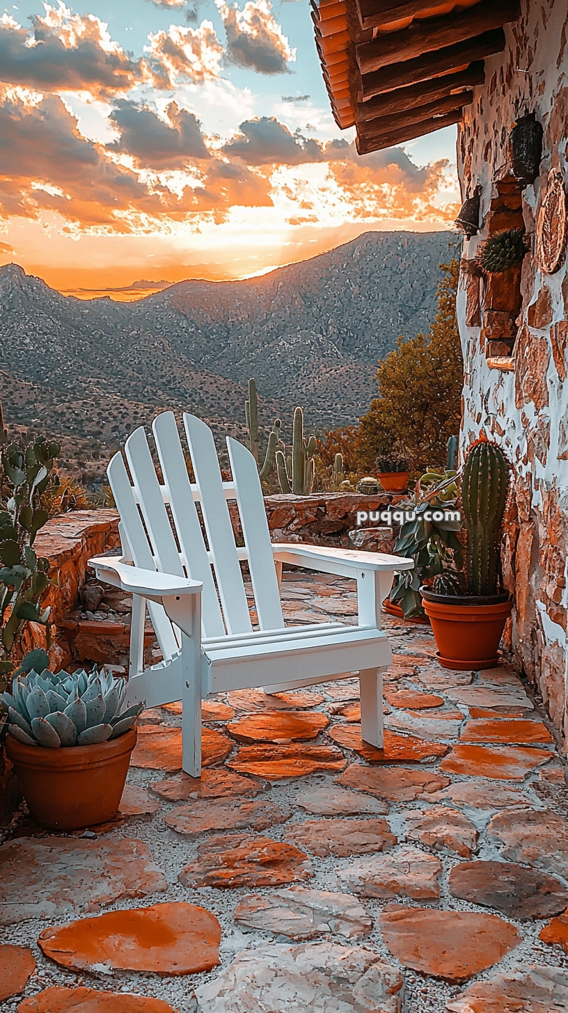A white Adirondack chair on a stone patio with a view of mountainous desert landscape, surrounded by cacti and succulents, under a partly cloudy sunset sky.
