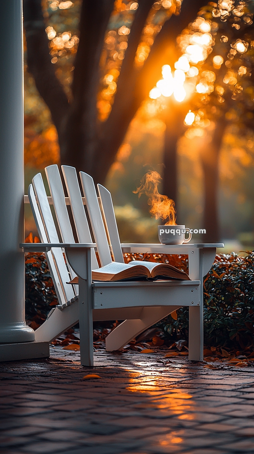 A white Adirondack chair on a sunlit patio with a steaming mug and an open book resting on it, surrounded by autumn foliage.