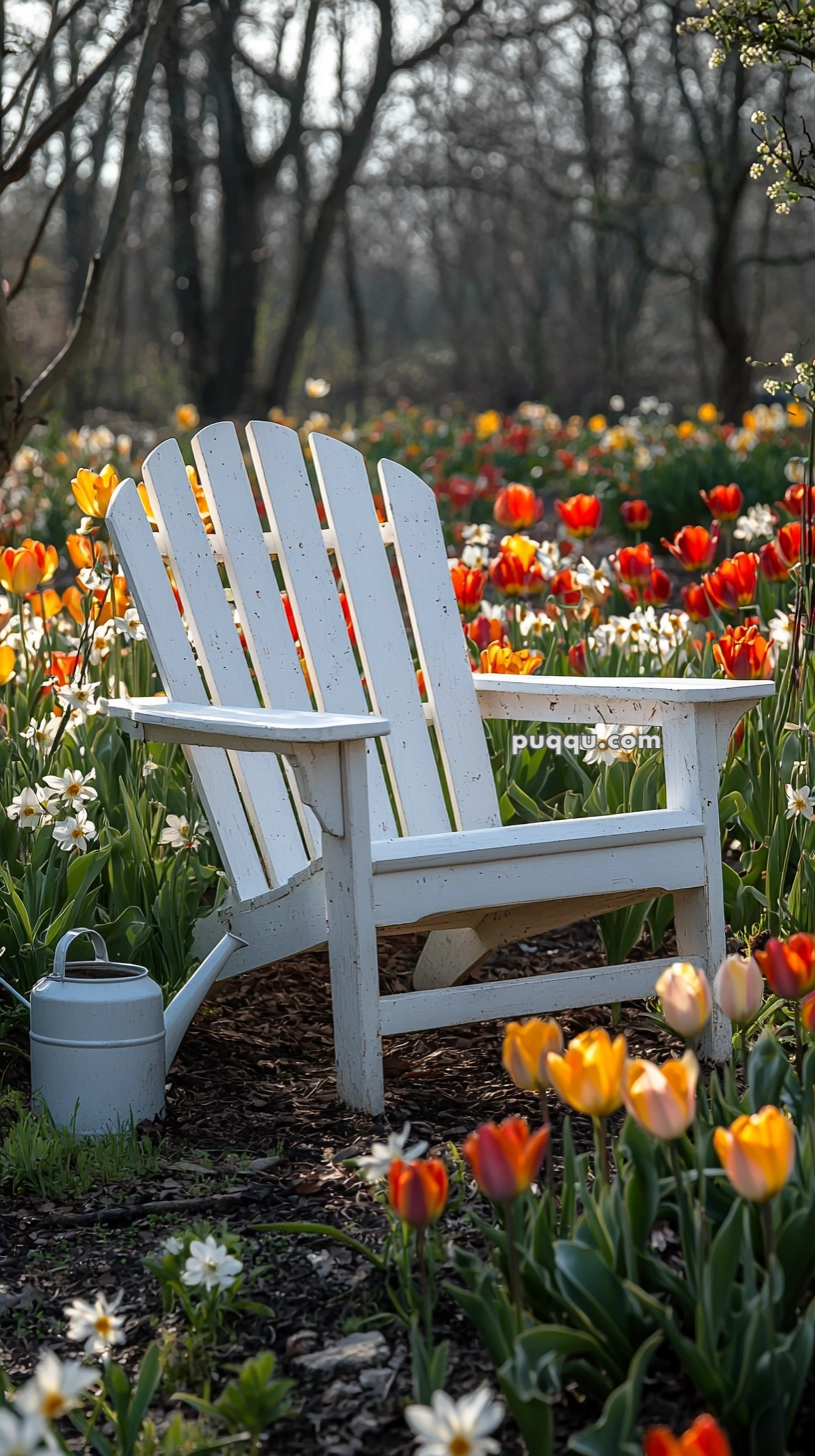 A white Adirondack chair sits among blooming tulips and daffodils in a garden, with a metal watering can placed nearby, surrounded by trees in the background.