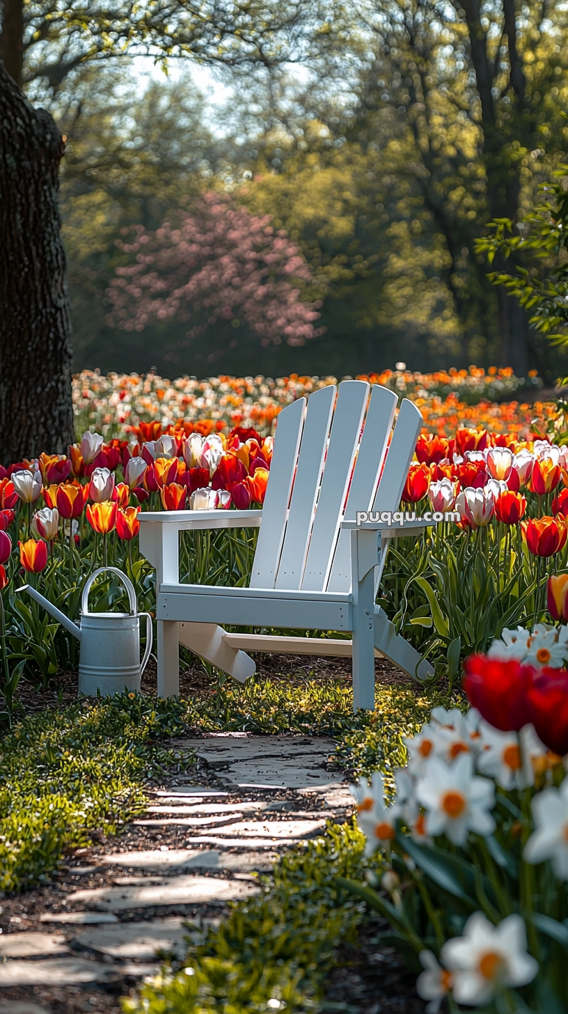 A white wooden Adirondack chair surrounded by vibrant red, orange, and white tulips in a garden, with a watering can placed nearby on a stone path.