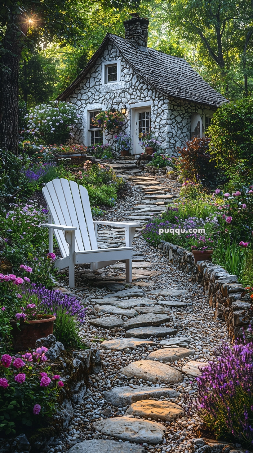 A quaint stone cottage surrounded by a lush garden filled with colorful flowers and greenery, featuring a white Adirondack chair along a stone path leading to the house.