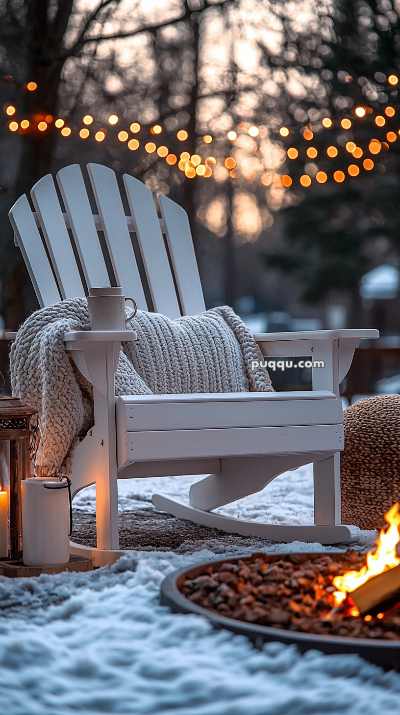 Winter outdoor scene featuring a white Adirondack chair with a knitted blanket and mug, next to a glowing fire pit on a snowy surface, with string lights in the background.