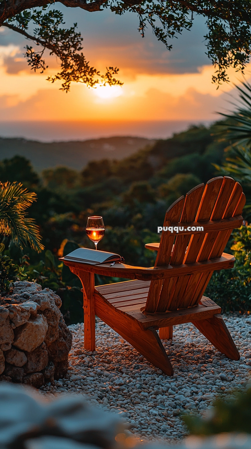 A wooden chair facing a scenic sunset view with a glass of wine and an open book on the armrest, surrounded by a rocky and green landscape.