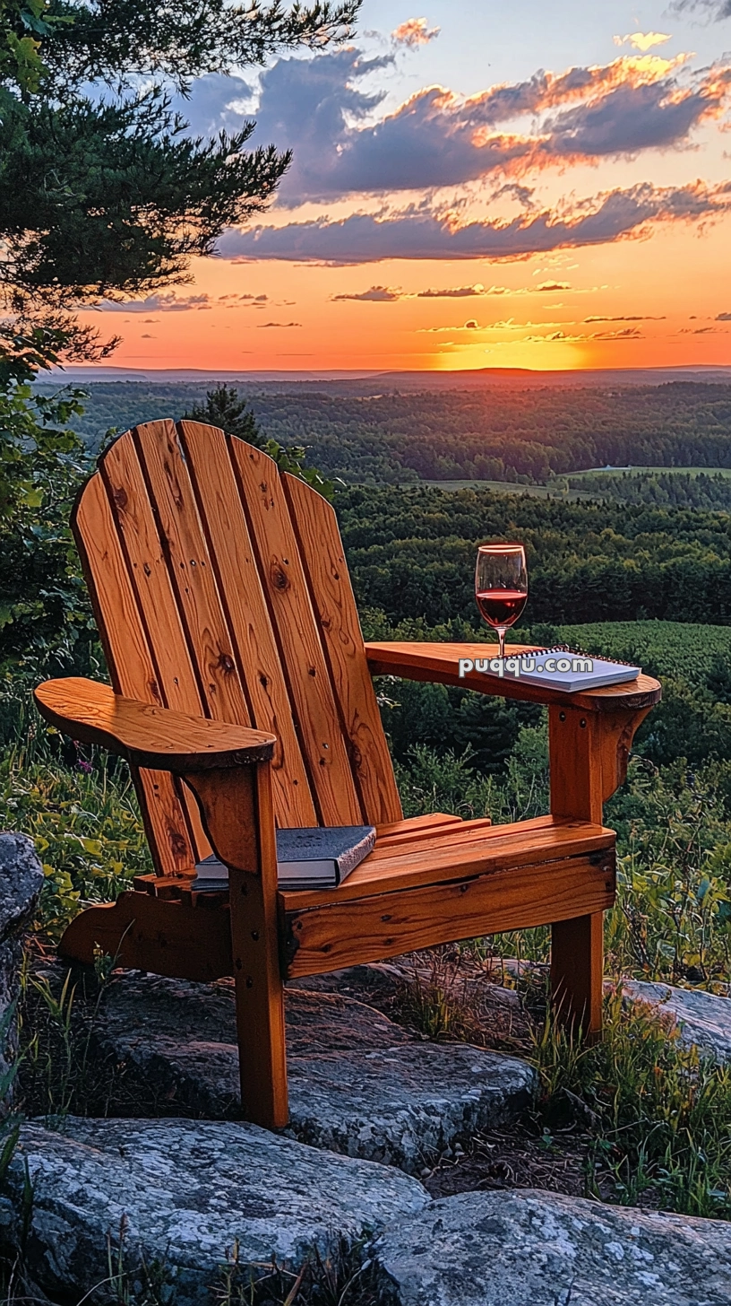 A wooden Adirondack chair sits on rocky ground overlooking a scenic sunset view with a wine glass and a notebook resting on one of its armrests.