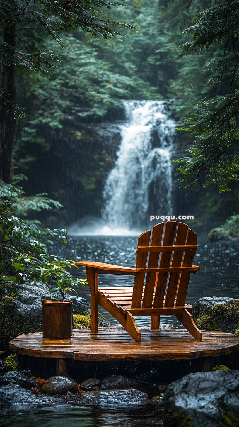 A wooden chair on a deck overlooks a serene waterfall surrounded by lush green trees, with raindrops visible in the scene.