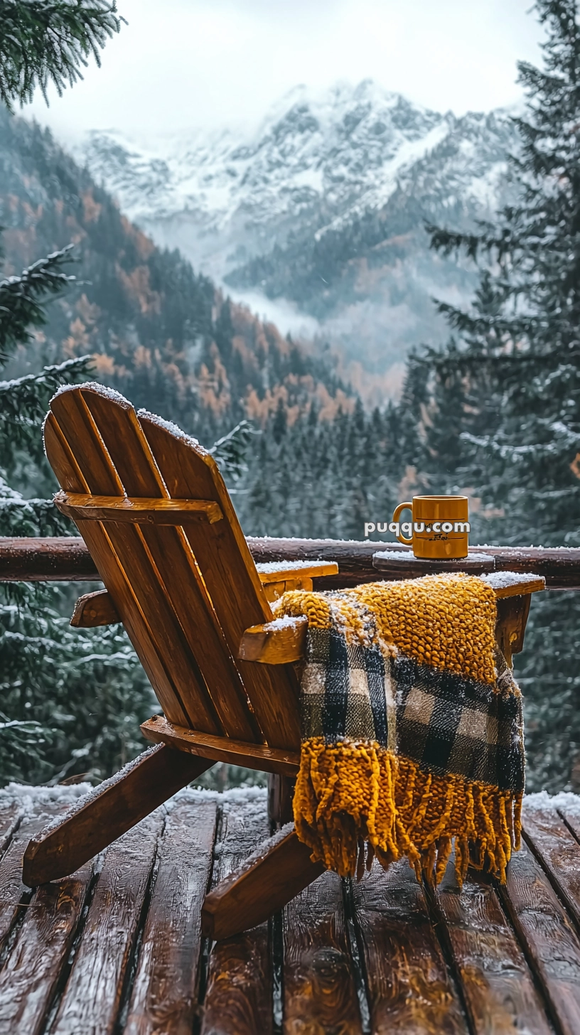 A wooden chair with a plaid blanket and a mug on a snowy wooden deck overlooking a forested mountain landscape.