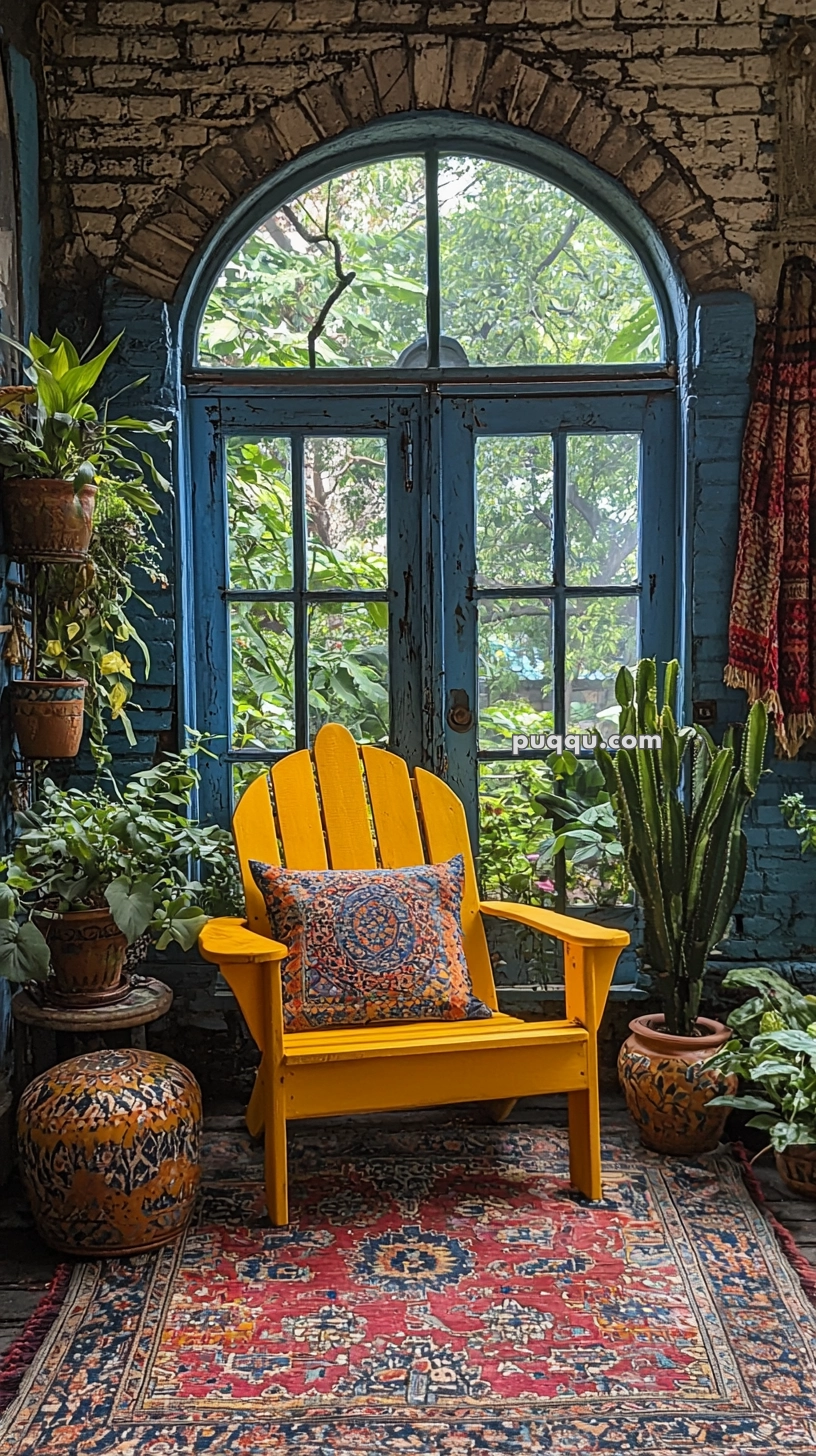 A yellow wooden chair with an ornate patterned cushion sits on a colorful Persian rug in front of a large, arched blue door with windowpanes, surrounded by various potted plants and a cactus, inside a rustic brick room.