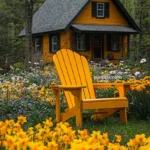 A vibrant yellow Adirondack chair surrounded by blooming yellow daffodils and wildflowers, with a rustic yellow cottage in the background, set amidst a lush forest landscape.