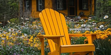 A vibrant yellow Adirondack chair surrounded by blooming yellow daffodils and wildflowers, with a rustic yellow cottage in the background, set amidst a lush forest landscape.