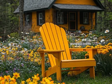 A vibrant yellow Adirondack chair surrounded by blooming yellow daffodils and wildflowers, with a rustic yellow cottage in the background, set amidst a lush forest landscape.