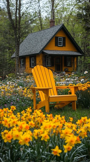 A vibrant yellow Adirondack chair surrounded by blooming yellow daffodils and wildflowers, with a rustic yellow cottage in the background, set amidst a lush forest landscape.
