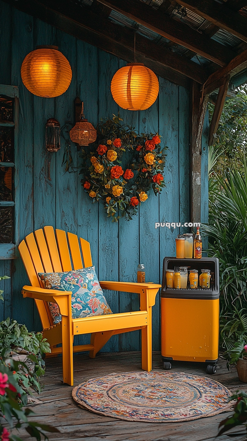 A cozy porch with a teal blue wooden wall, featuring an orange Adirondack chair with a floral cushion, a circular woven rug, and a bright yellow cooler. Two orange paper lanterns hang overhead, alongside a decorative wreath made of orange and yellow flowers. Several glass jars filled with juice are placed on the cooler.