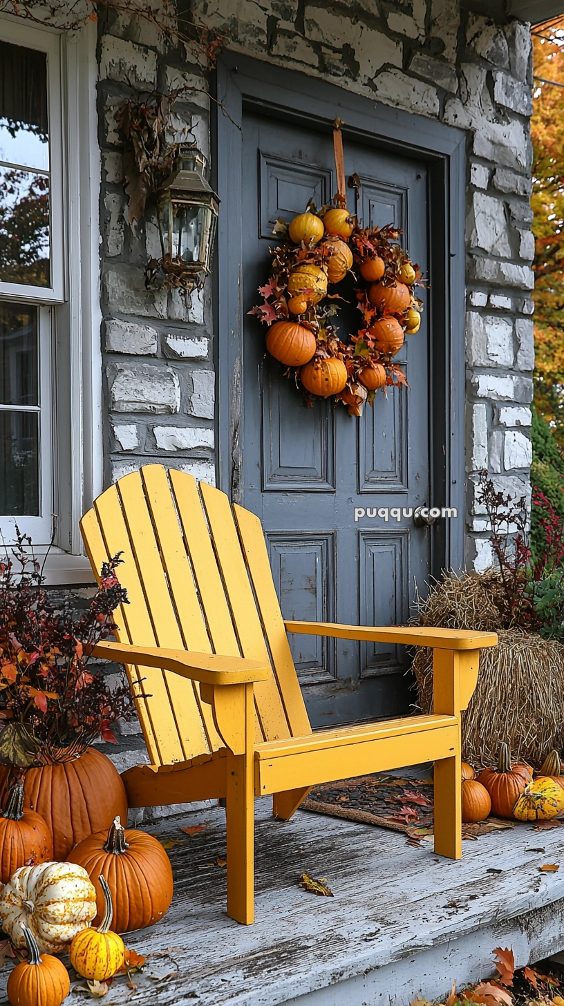 A rustic porch decorated for autumn with a yellow Adirondack chair surrounded by assorted pumpkins and gourds. A wreath made of small pumpkins and leaves hangs on the wooden door, and there's a straw bale and lantern nearby, completing the cozy seasonal scene.