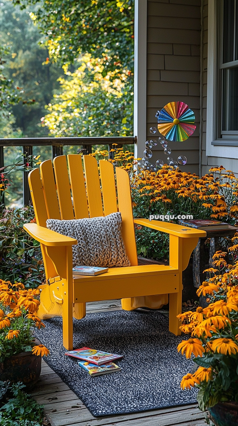A yellow Adirondack chair with a gray knitted pillow sits on a porch surrounded by vibrant orange flowers, with a colorful pinwheel and bubbles in the background.