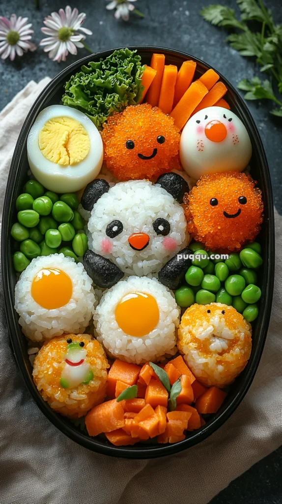 A bento box featuring a panda-shaped rice ball surrounded by colorful ingredients, including boiled eggs, carrot sticks, edamame, and rice balls decorated with fish roe and smiling faces, creating a playful and vibrant presentation.