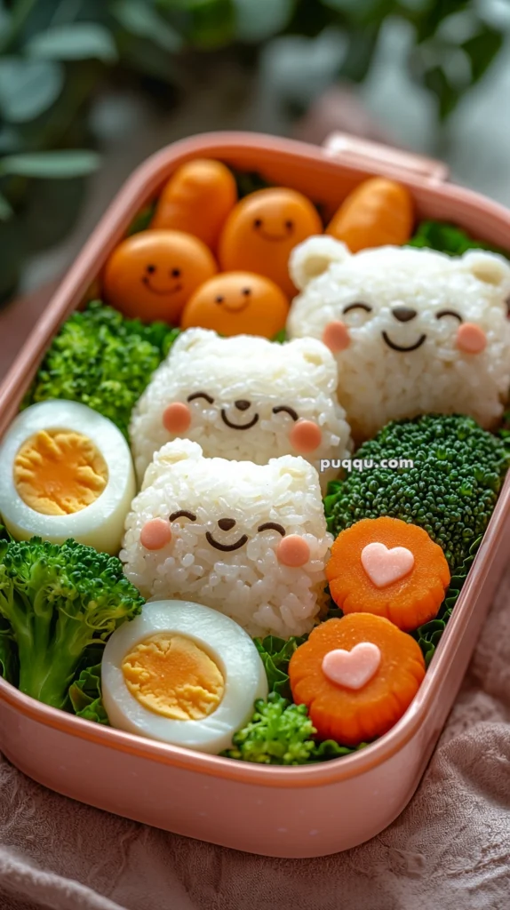 A bento box featuring rice shaped into bear faces with smiley expressions, surrounded by boiled eggs, broccoli, carrot slices with heart shapes, and small orange balls with faces.