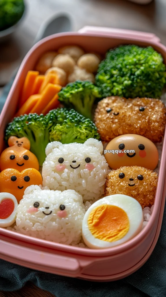 A bento box featuring rice balls shaped like bears with cute faces, accompanied by vegetables like broccoli and carrot sticks, a hard-boiled egg cut in half, and small fried pieces with smiley faces.