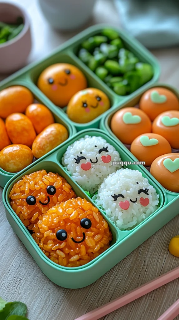 A cute bento box filled with food styled as faces, including rice balls with smiling expressions, orange rice with black eyes and smiley faces, small fruits decorated with happy faces, and orange balls with green heart decorations.