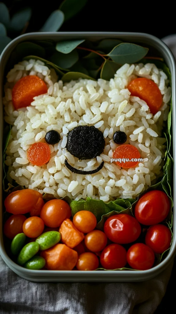 A bento box featuring rice shaped like a bear's face with carrot slices as ears, a seaweed nose and mouth, surrounded by colorful vegetables including cherry tomatoes, edamame beans, and small orange fruits.