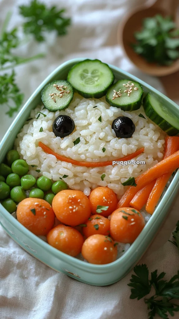 A bento box with rice arranged in a smiling face, featuring olive eyes, a carrot slice for the mouth, cucumber slices on top, and surrounded by peas and melon balls.