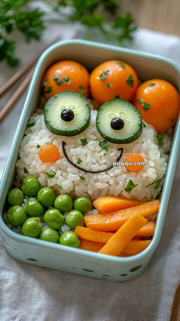 A bento box with rice shaped into a smiling face, featuring cucumber and olive slices as eyes, with carrots and peas arranged as ears and sides, accompanied by cherry tomatoes with parsley sprinkles.