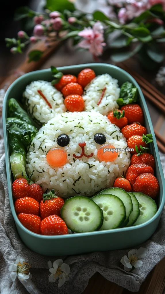A bento box featuring a cute rice ball shaped like a rabbit, adorned with vegetables to form ears and facial features, surrounded by strawberries and cucumber slices, with a decorative floral background.