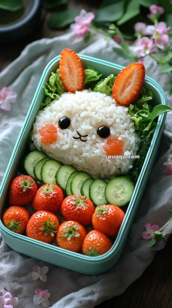 A cute bento box featuring rice shaped into a bunny face with cucumber slices, strawberries, and lettuce.