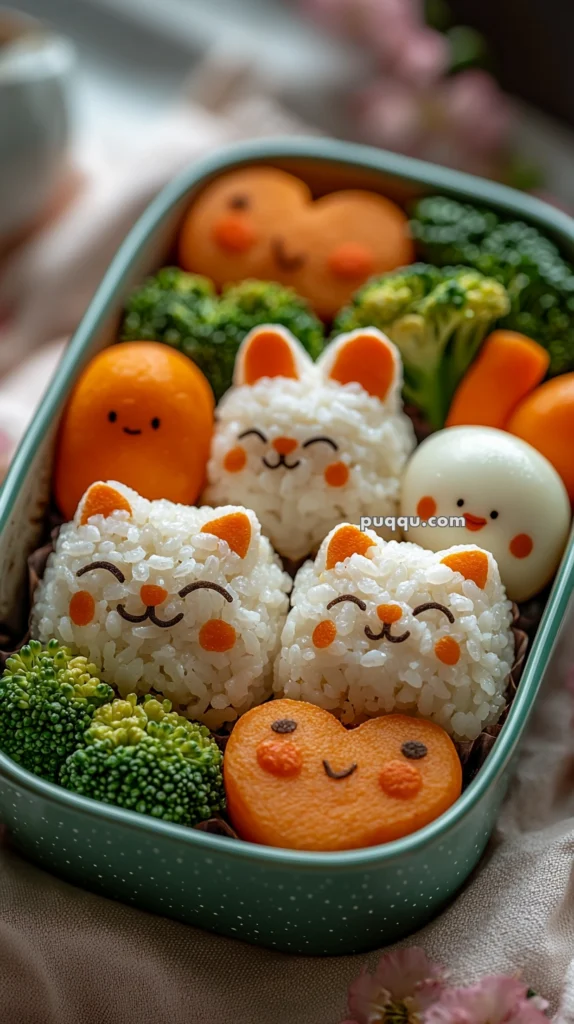 A bento box with rice shaped like cute animals with smiling faces, surrounded by broccoli, carrots, and a boiled egg, all decorated with facial features made from seaweed and other ingredients for a playful presentation.