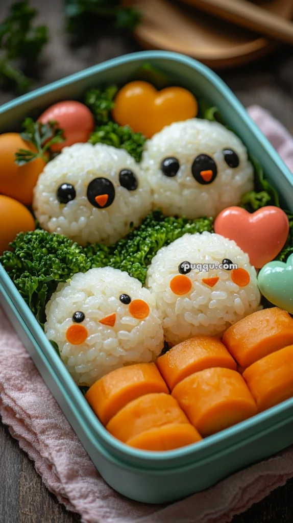A bento box contains rice balls shaped like cute animals with seaweed eyes and carrot cheeks, alongside colorful vegetables and heart-shaped items.