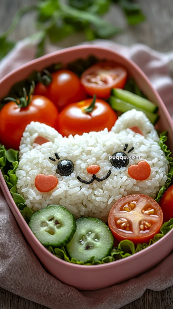 A bento box featuring rice shaped like a cat's face, complete with seaweed eyes, a carrot nose, and cheeks. Surrounding the rice are cherry tomatoes, cucumber slices, and a bed of lettuce.