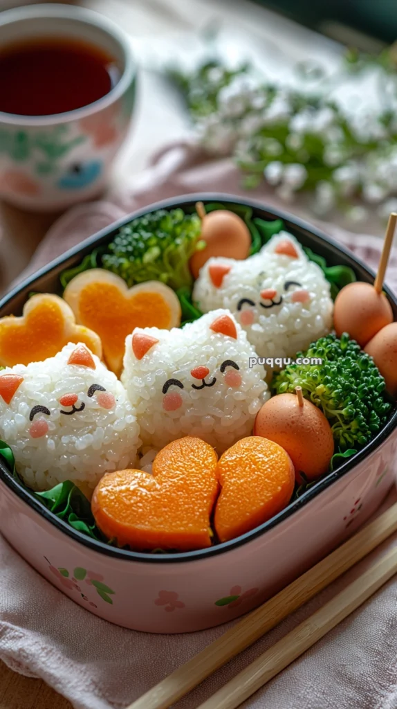 A bento box featuring rice shaped like cats with smiling faces, decorated with small pieces of food to resemble ears and cheeks, accompanied by heart-shaped vegetables, broccoli, and small sausage balls. A cup of tea is visible in the background.