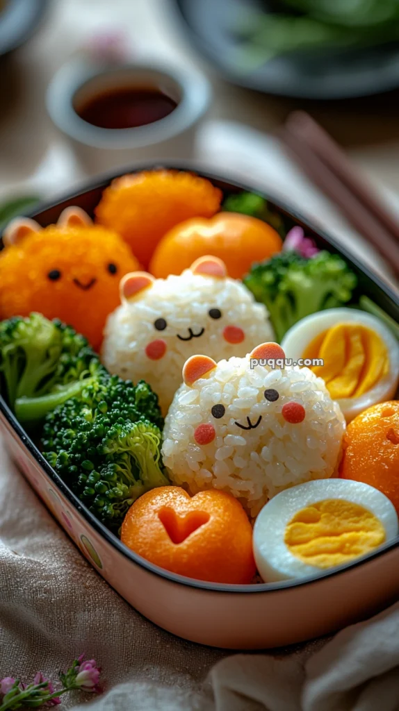 A bento box featuring rice balls shaped like cute animal faces with eyes and cheeks, nestled among broccoli, carrots, a boiled egg, and an orange with a heart-shaped carving.