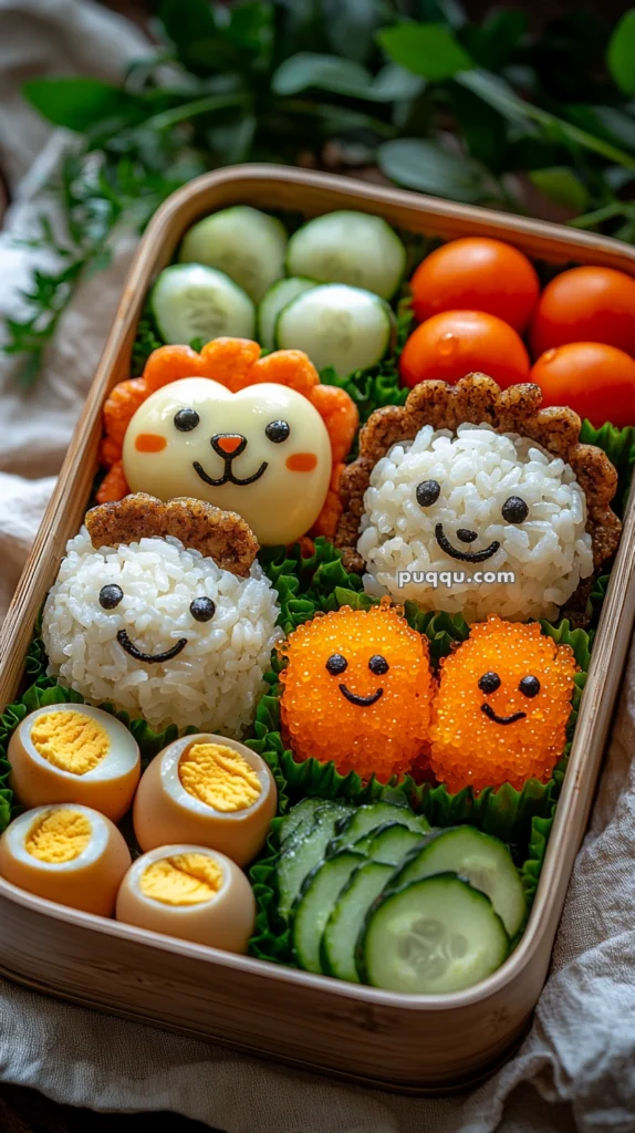 A bento box featuring cute animal-themed rice balls decorated with seaweed for faces, boiled egg halves, cucumber slices, cherry tomatoes, and bright orange fish roe balls, all arranged neatly on green lettuce.
