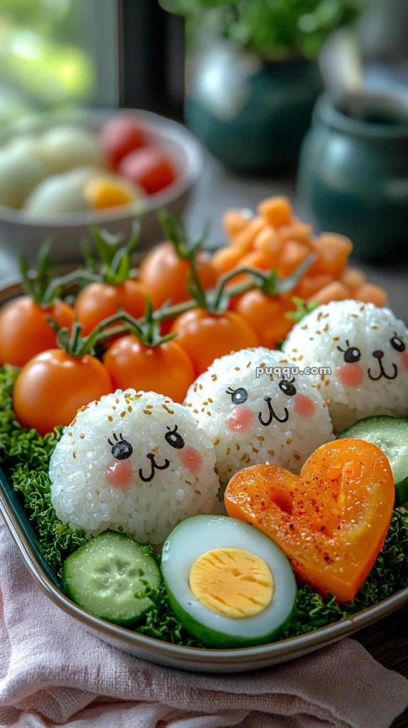 A bento box featuring three rice balls shaped like cute faces with seaweed details, surrounded by cherry tomatoes, a heart-shaped bell pepper, sliced cucumber, and a boiled egg half.