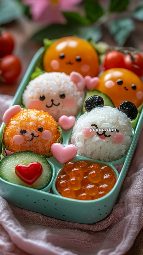 A bento box featuring kawaii-style rice balls shaped like adorable animals, accompanied by vibrant vegetables and roe, all arranged with meticulous detail and creativity.