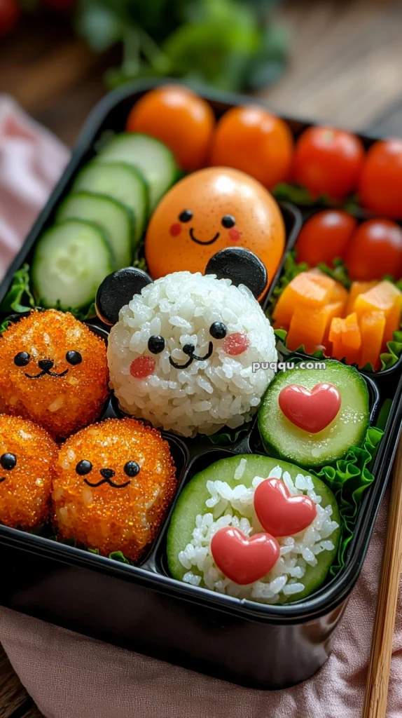 A decorated bento box containing rice balls shaped like panda and orange-colored animal faces, with cucumber slices, cherry tomatoes, a carrot flower, and a smiling boiled egg painted with a face.