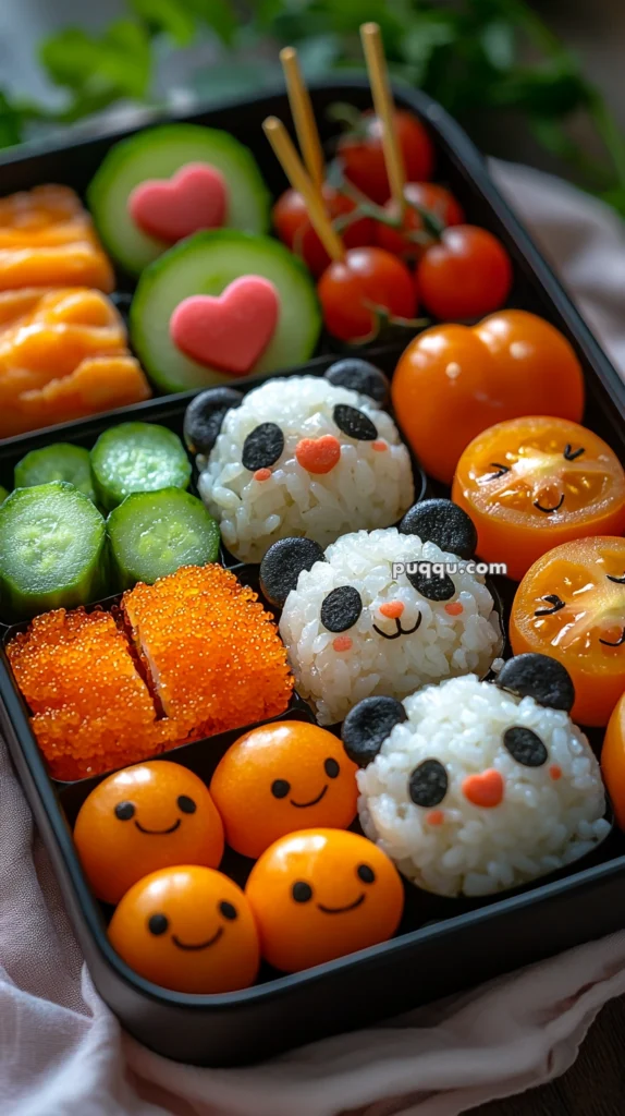A colorful bento box featuring panda-shaped rice balls with nori details, smiling face cherry tomatoes, sliced cucumber with pink heart centers, and various other decorative vegetables and fruits, neatly arranged.