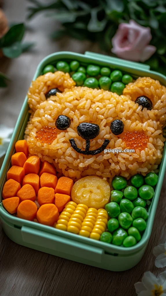 A creative bento box meal featuring a bear-shaped rice ball with seaweed for facial features, surrounded by peas, carrots, corn, and a small round piece of yellow food in a green container.