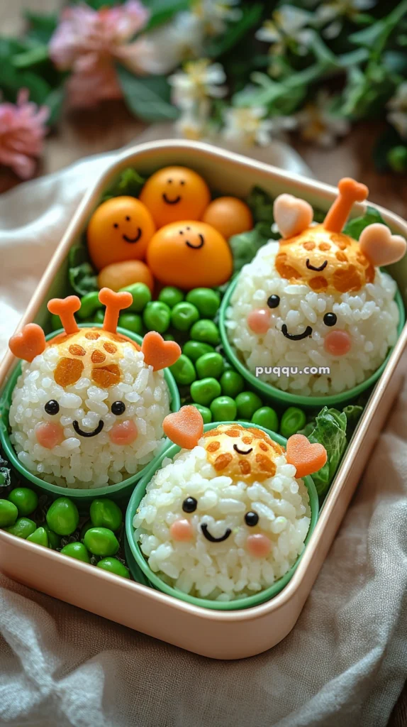 A bento box featuring three rice balls decorated as cute giraffes with smiling faces, surrounded by green peas and small yellow balls with smiley faces, all on a bed of lettuce.