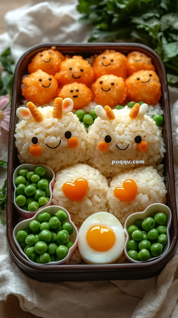A bento box with two rice balls shaped like cute animals, complete with small horns, faces, and orange cheeks. Above them are several orange fried rice balls with smiley faces. The box also includes green peas in heart-shaped cups and a half-cut boiled egg with a bright yolk.