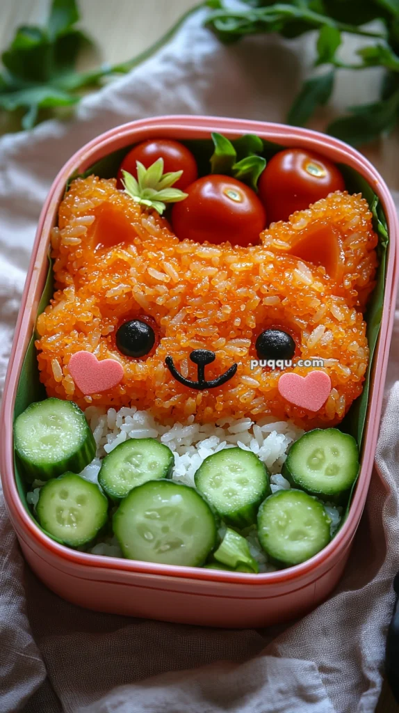 A cute bento box with rice shaped like a bear's face, featuring ears, eyes, and a mouth made from dark-colored ingredients, and decorated with heart-shaped cheeks. The bento also includes cherry tomatoes and sliced cucumbers with a background of leafy greens.