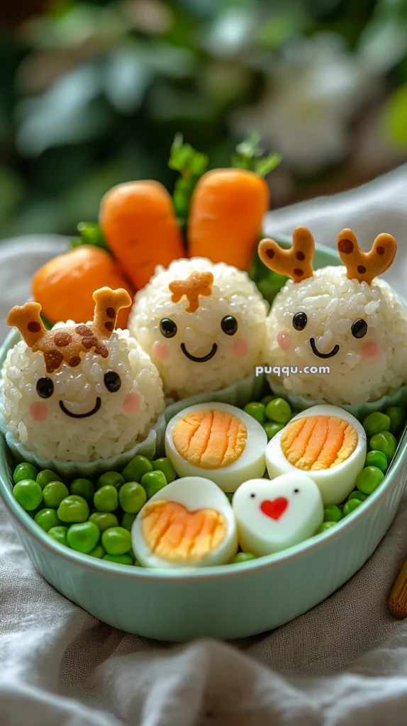 A bento box featuring three rice balls with smiling faces and decorative antlers, surrounded by carrots, shelled edamame, and halved boiled eggs with heart-shaped yolks.