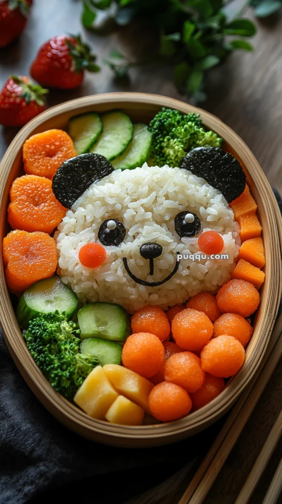 A cute bento box featuring rice shaped like a panda's face with nori seaweed for the ears and facial features, surrounded by colorful vegetables including broccoli, carrot slices, cucumber slices, melon balls, and cheese cubes, on a wooden table with strawberries in the background.