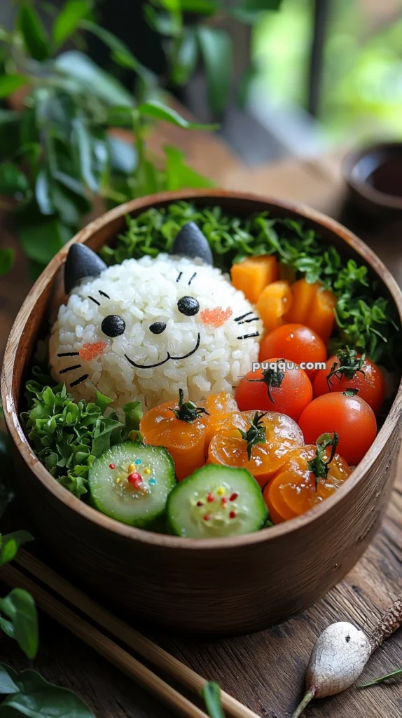 A bento box with rice shaped like a cat's face, surrounded by cherry tomatoes, sliced cucumbers with colorful sprinkles, and rolled carrot slices, garnished with lettuce leaves.